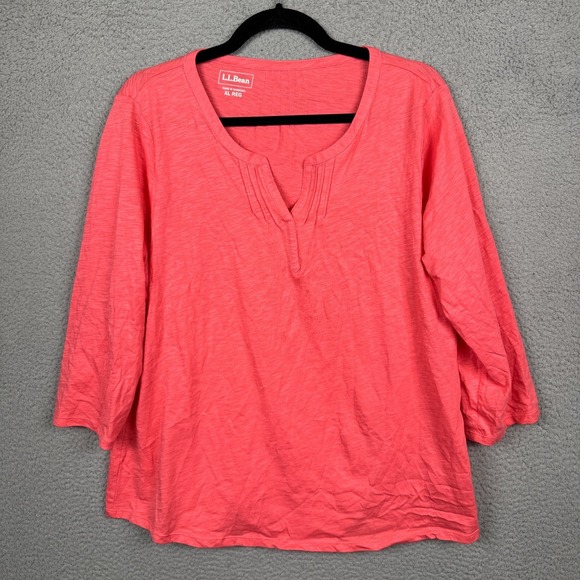 L.L. Bean Tops - LL Bean Top Womens XL Coral Pink Organic Cotton Split Neck Tee 3/4 Sleeve